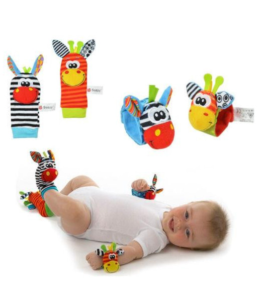 2015 A Pair Baby Infant Toy Soft Handbells Hand Wrist Strap Rattles Animal Socks Foot Finders Developmental